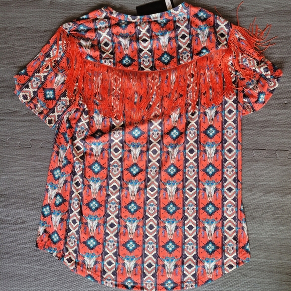 NEW L&B orange/red fringe steer head top - Picture 2 of 2